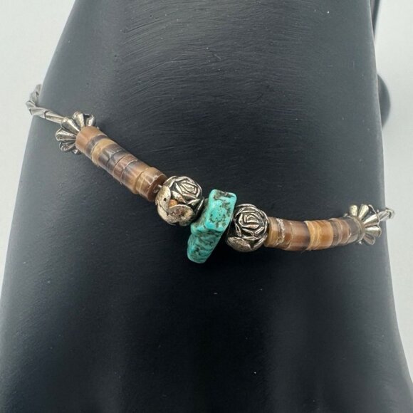 Vintage Native American Sterling Silver Bracelet Turquoise Heishi Shell Beads - Picture 5 of 6